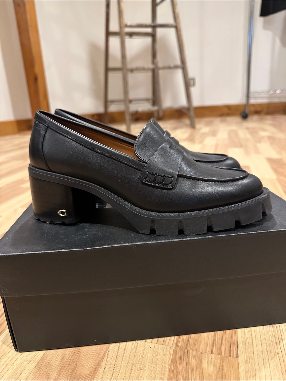Coach Black Leather Lug Sole Block Heel Loafers - Picture 5 of 8